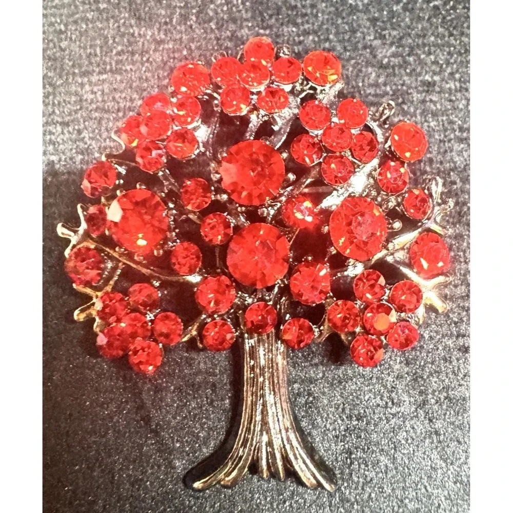 Vintage Red Rhinestone Tree Brooch Silver Tone Figural Statement Pin